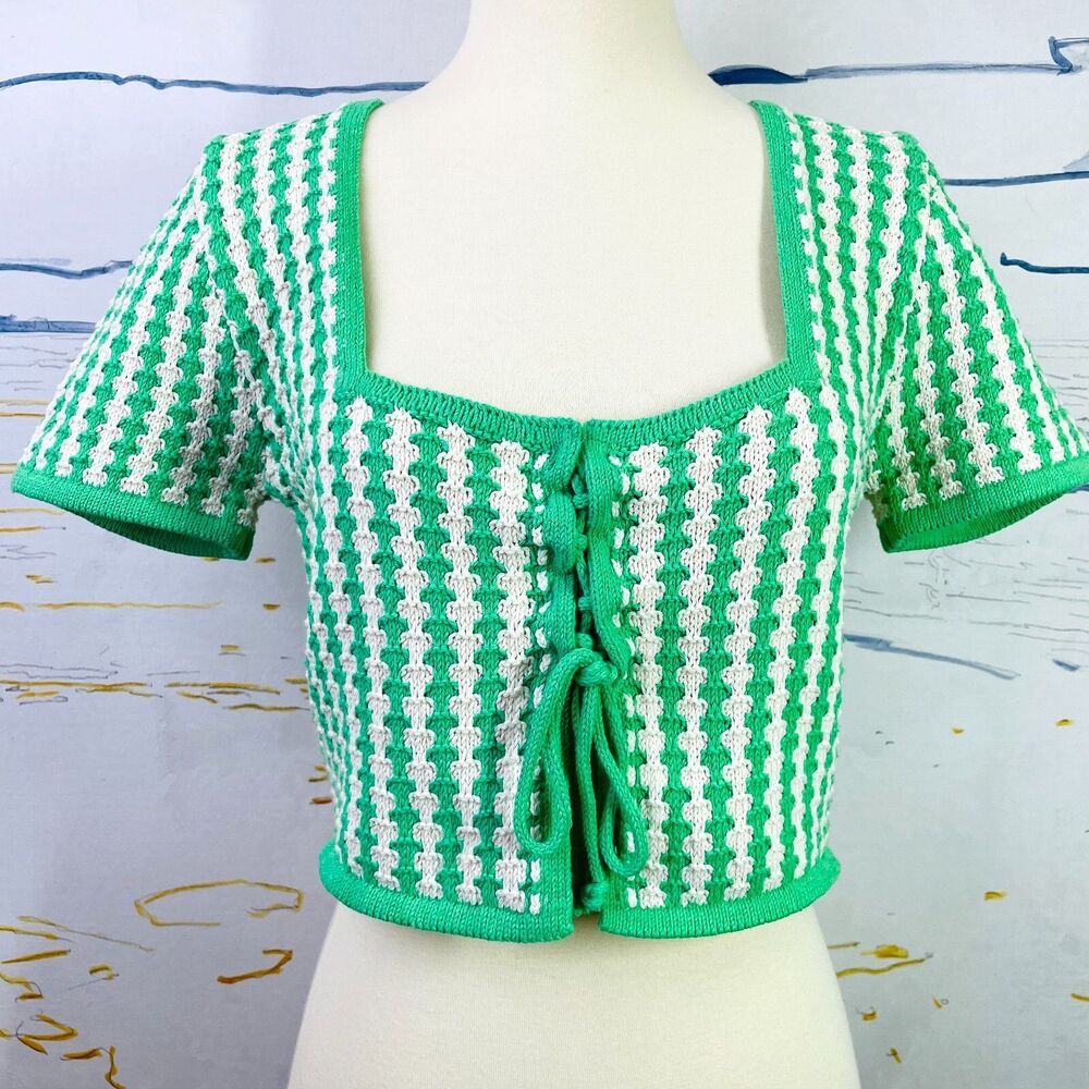 Zara Cropped Knit Blouse Medium Green White Pattern Cropped Knit Tie Front S/M